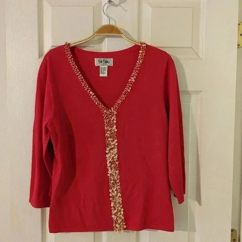 Bob Mackie Studio Sweater Womens M Vibrant Pink Embellished Sequins And Pearls